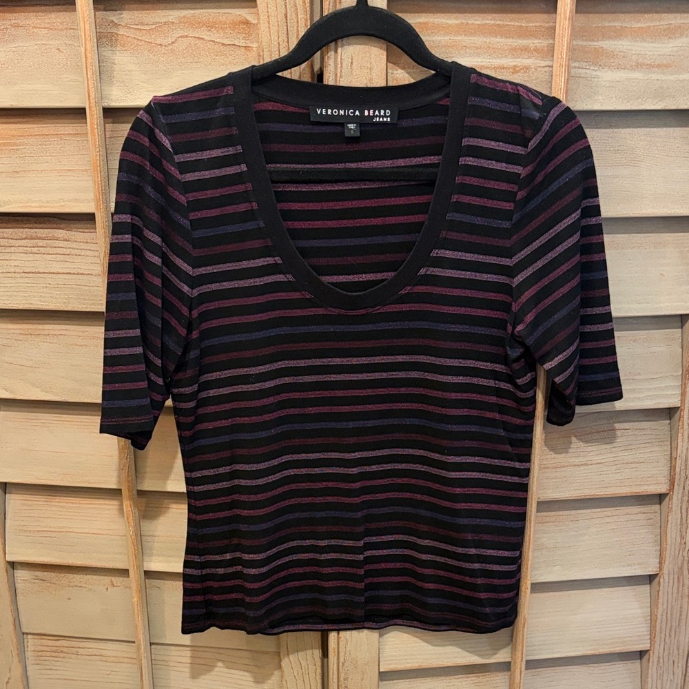 Veronica Beard Black and Plum Striped Short Sleeve Scoop Neck Top